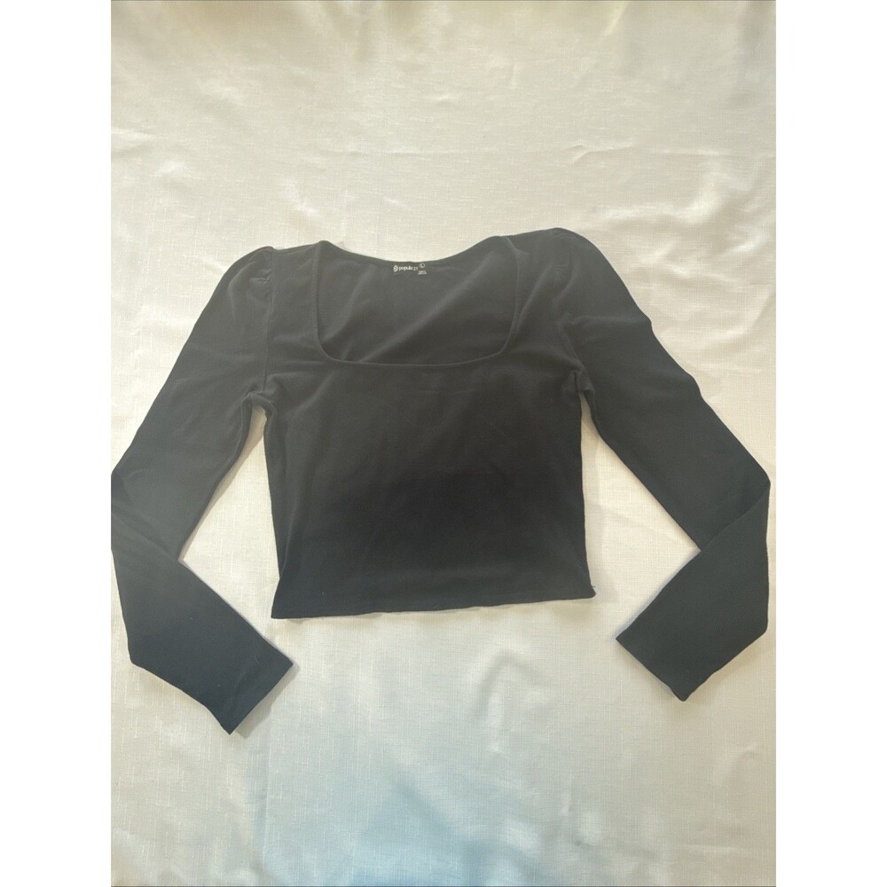 Popular 21 Women’s Long Sleeve Black Square Neck Crop Top Size L